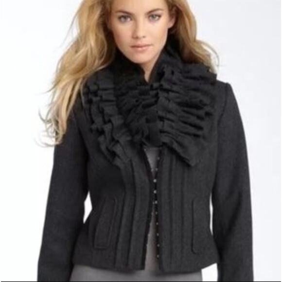 HINGE Grey Wool Blend Ruffle Collar Blazer Jacket // S - Picture 11 of 11